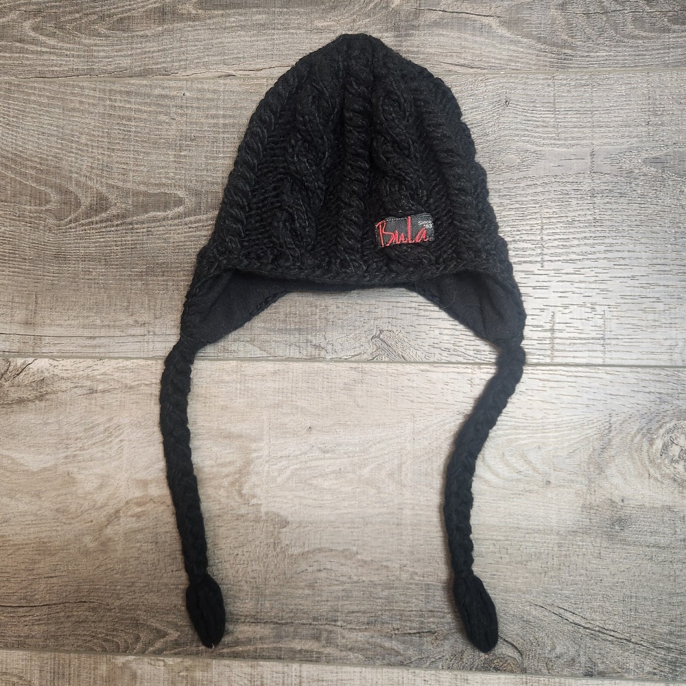 Bula Earflap Beanie Unisex OS Black Cable Knit Wool Blend Fleece Lined Hat
